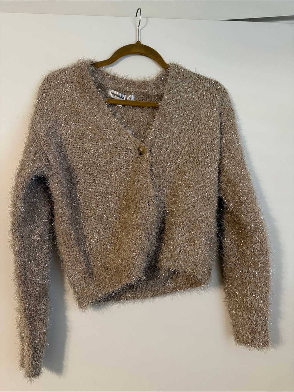 Steve Madden Shimmery Taupe Fuzzy V-Neck Cardigan